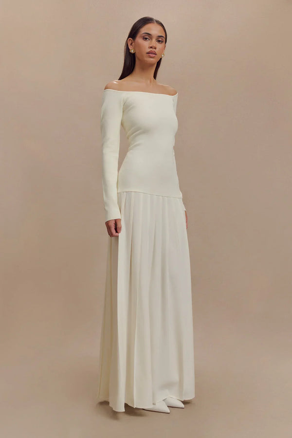 Isadora Knit Off-Shoulder Pleated Maxi Dress – Ivory