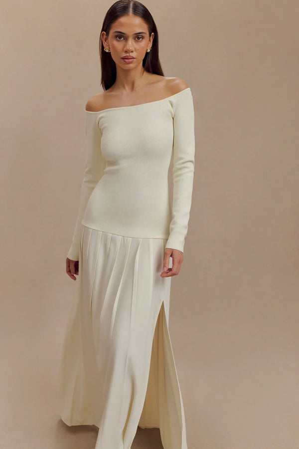 Isadora Knit Off-Shoulder Pleated Maxi Dress – Ivory