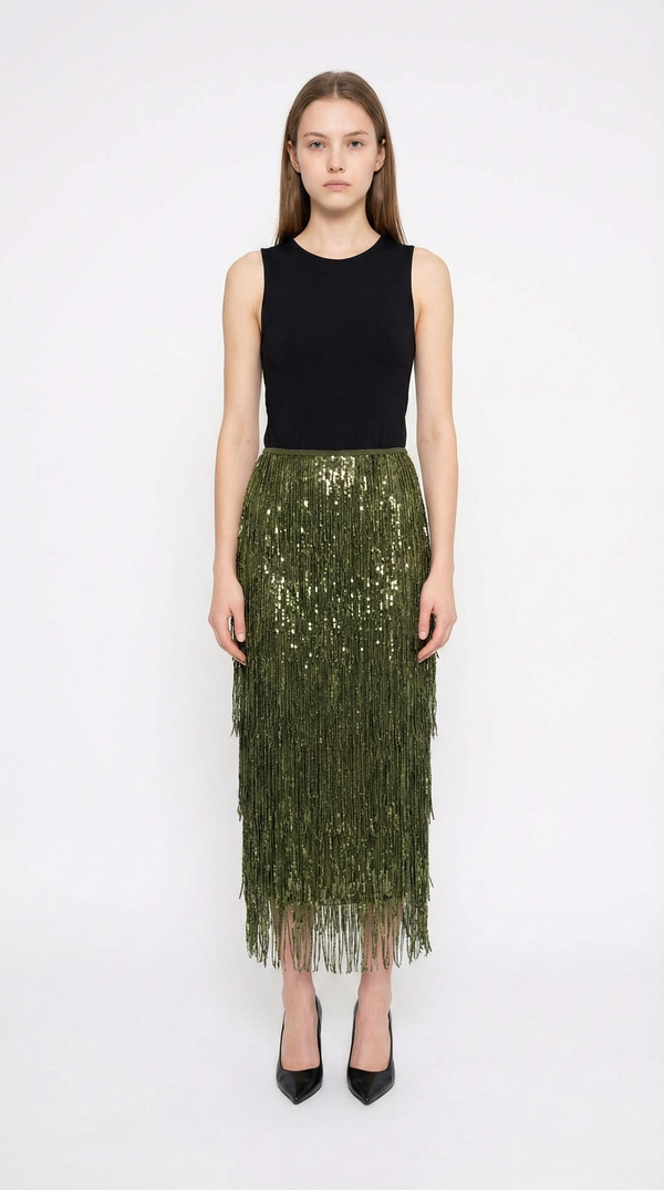 Elara Fringe – Midi Skirt