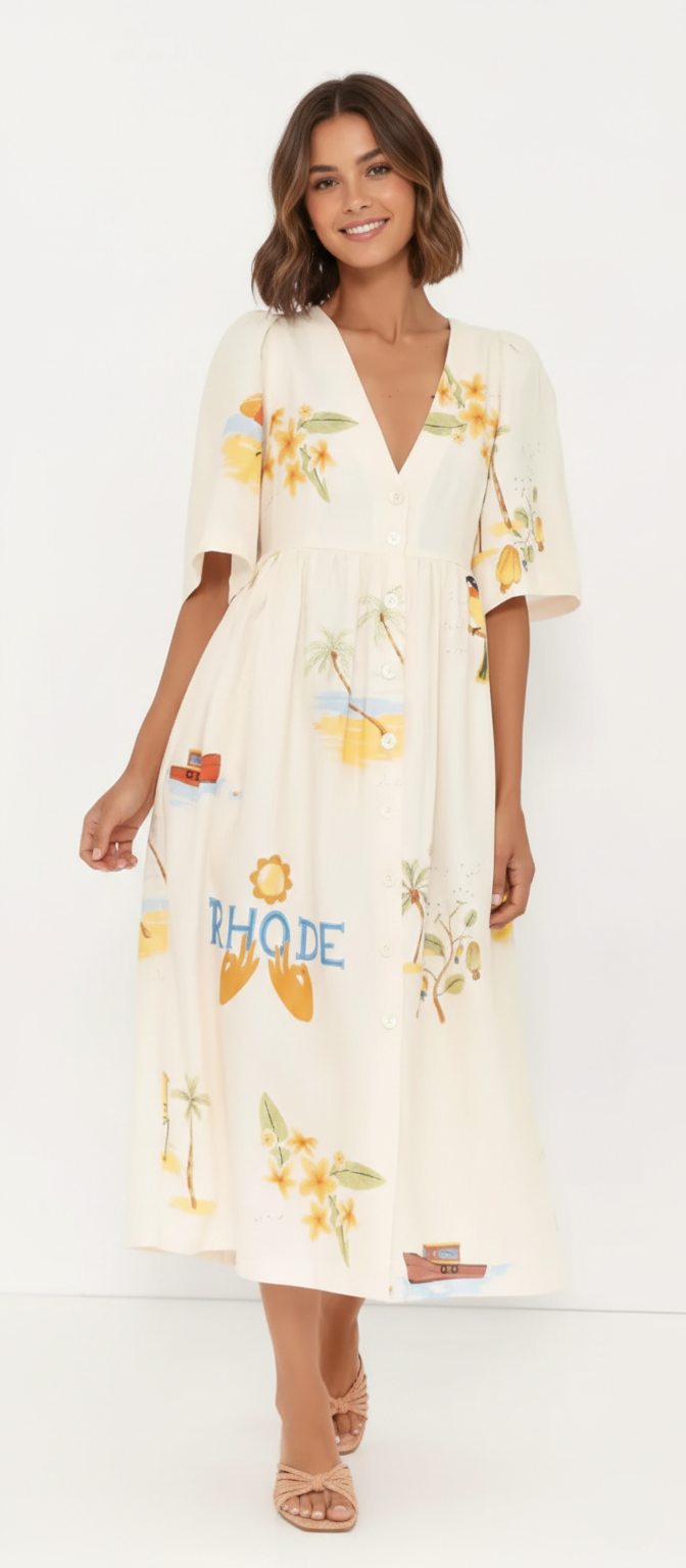 Allegra Folk Floral Puff Sleeve Midi Dress