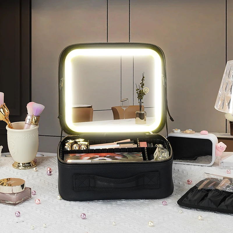Ninna Vanity Case in Black, lid open and LED ring lit
