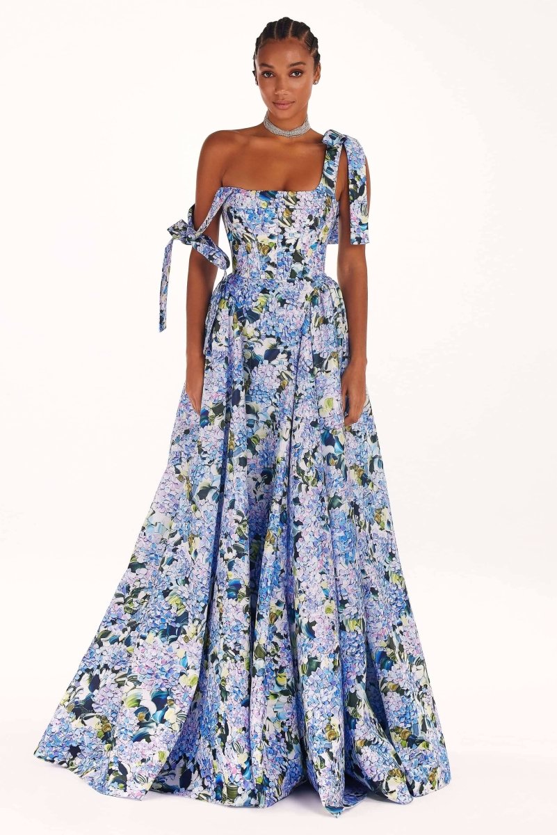 Liana Blue Floral Bow Strap Midi Dress