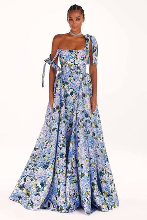 Liana Blue Floral Bow Strap Midi Dress