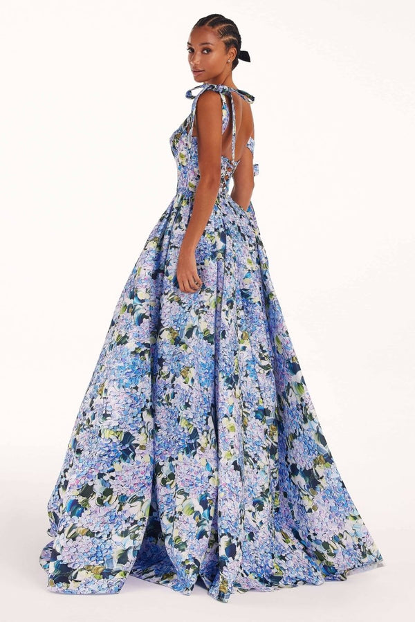Liana Blue Floral Bow Strap Midi Dress