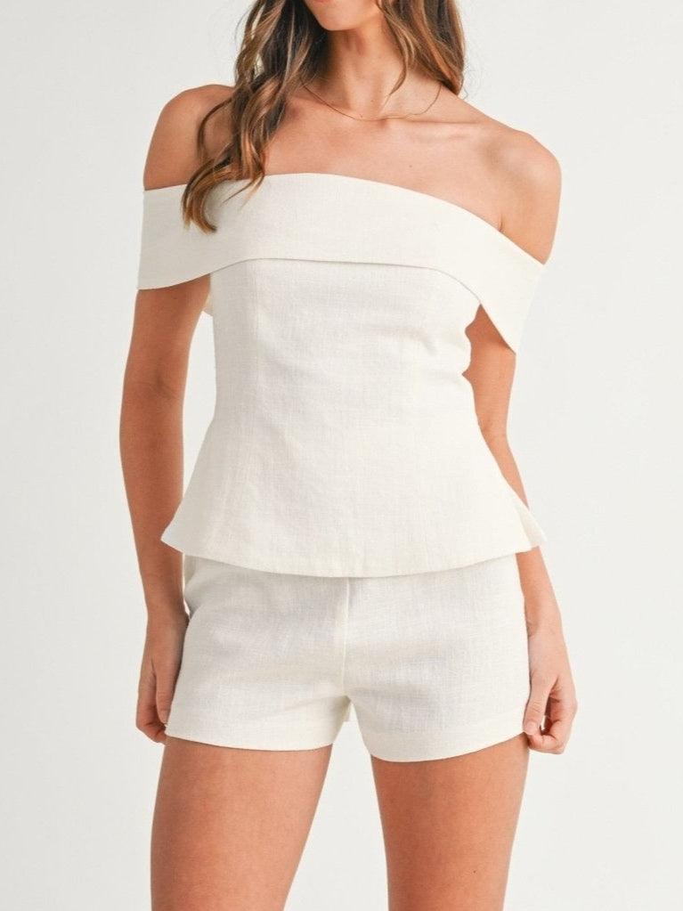 Amara linen set in white, off-shoulder top with high-waist shorts