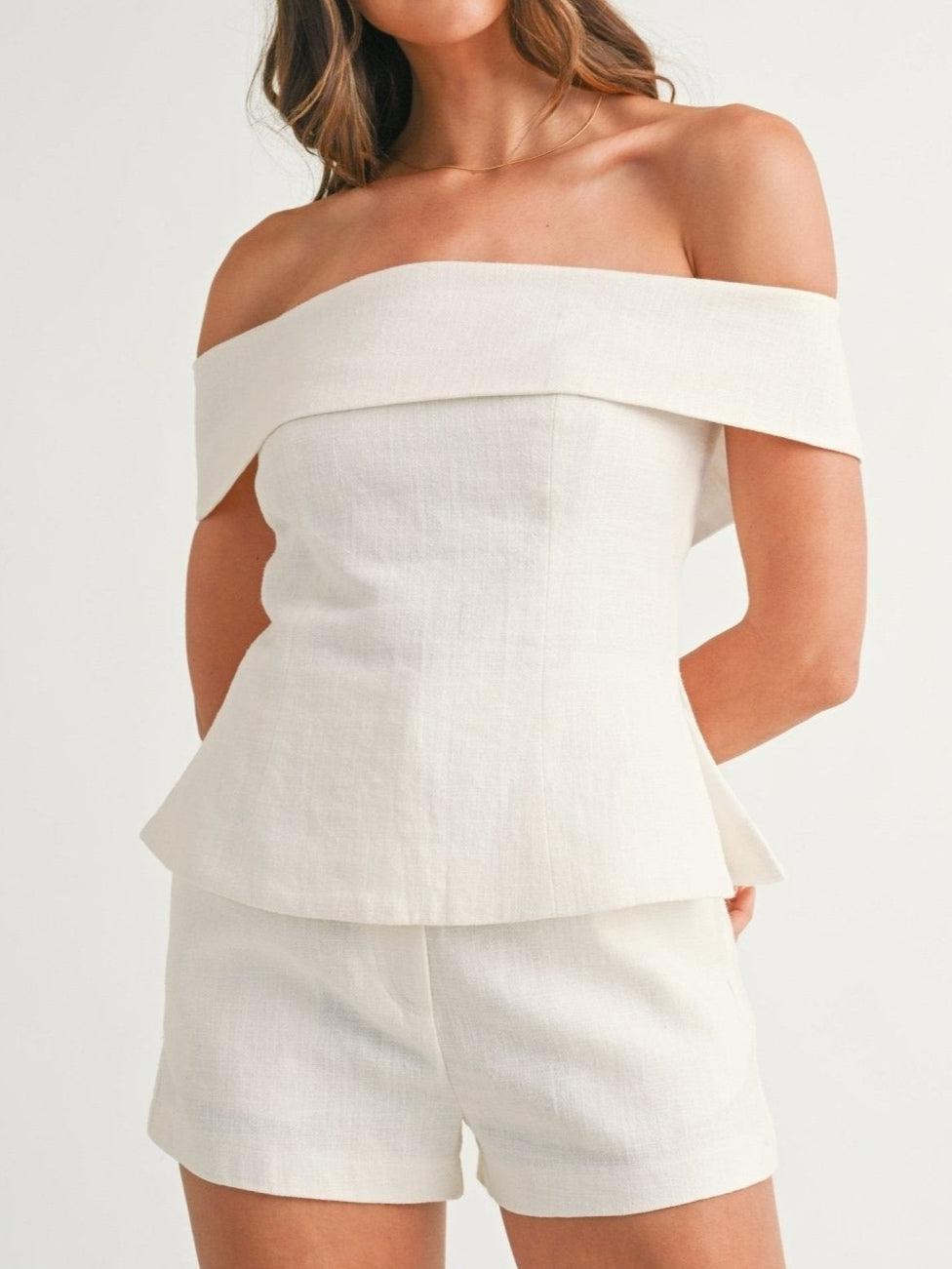 Amara linen set in white, off-shoulder top with high-waist shorts