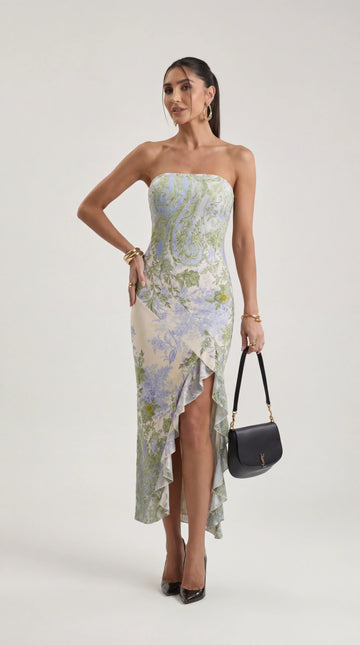 Front view of the Ninna Amara ruched midi dress