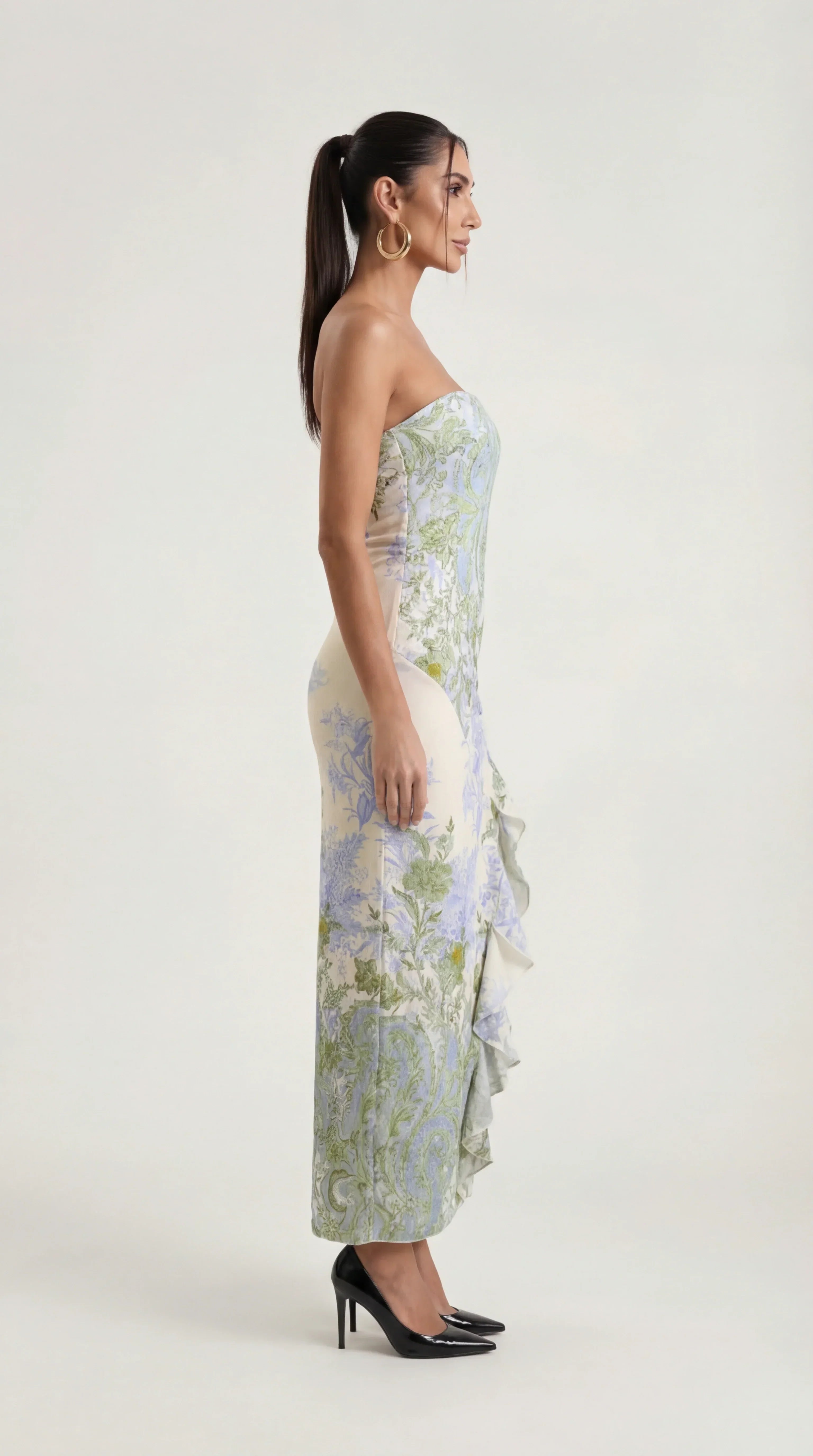 Left side view of the Ninna Amara ruched midi dress
