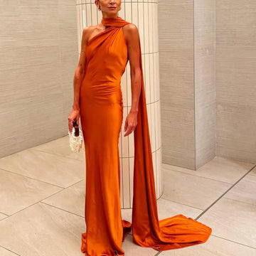 Front view of the Amber Glow satin maxi dress