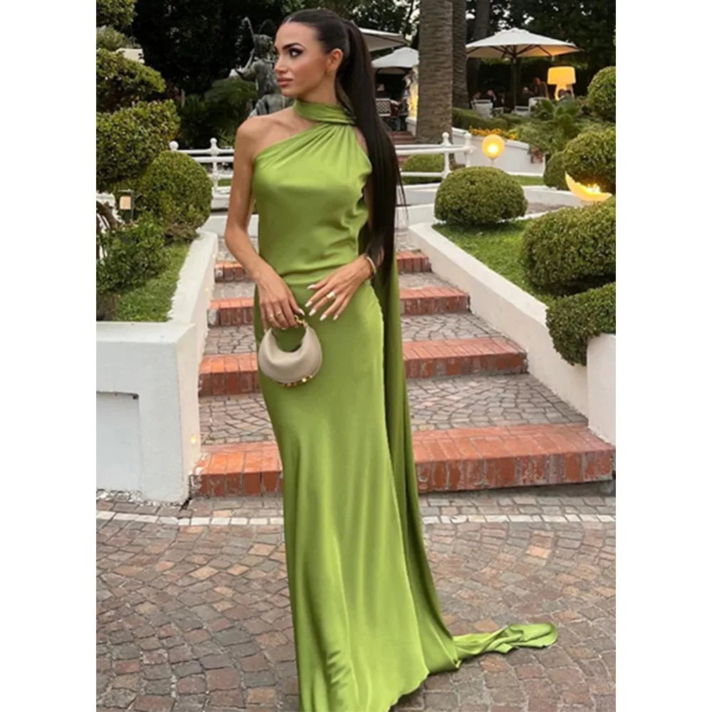 Amber Glow satin maxi dress shown on a model