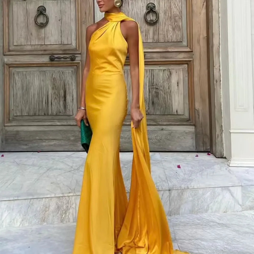 Halter neckline detail on the Amber Glow satin maxi dress