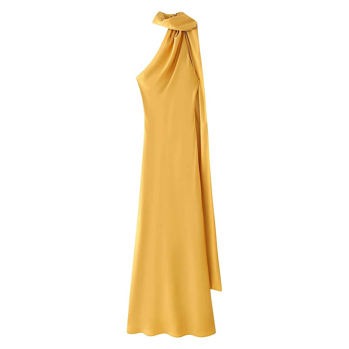 Back view of the Amber Glow satin maxi dress