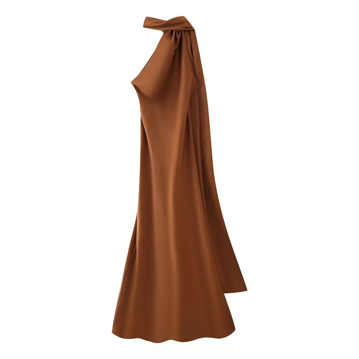 Satin drape detail on the Amber Glow maxi dress