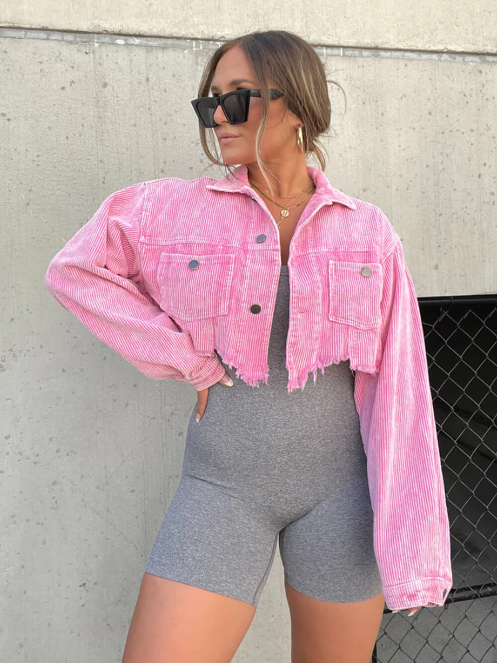 Raw hemline detail on the Amelie corduroy cropped jacket