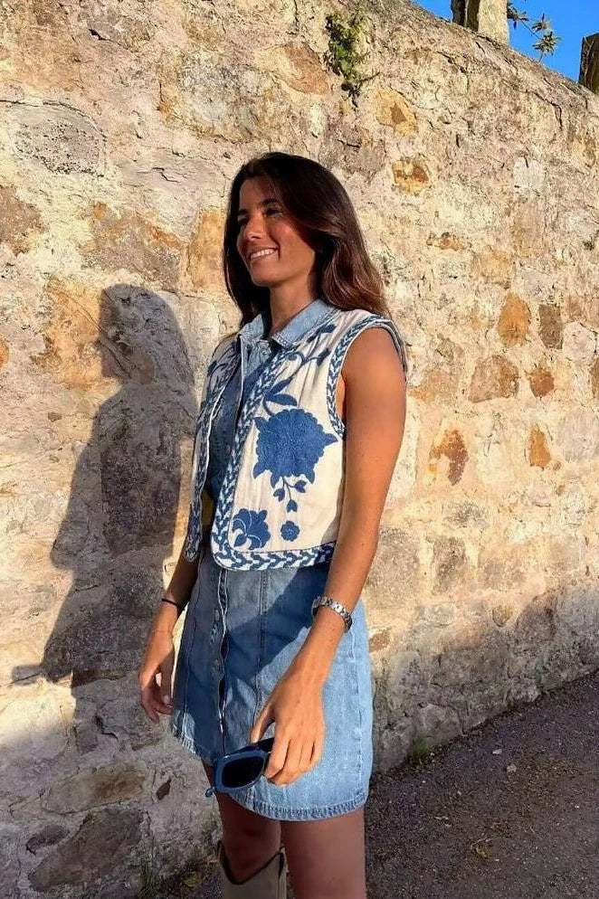 Angeline cropped waistcoat vest worn with high-waisted jeans