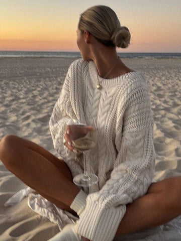 Front view of the Aria cable-knit sweater