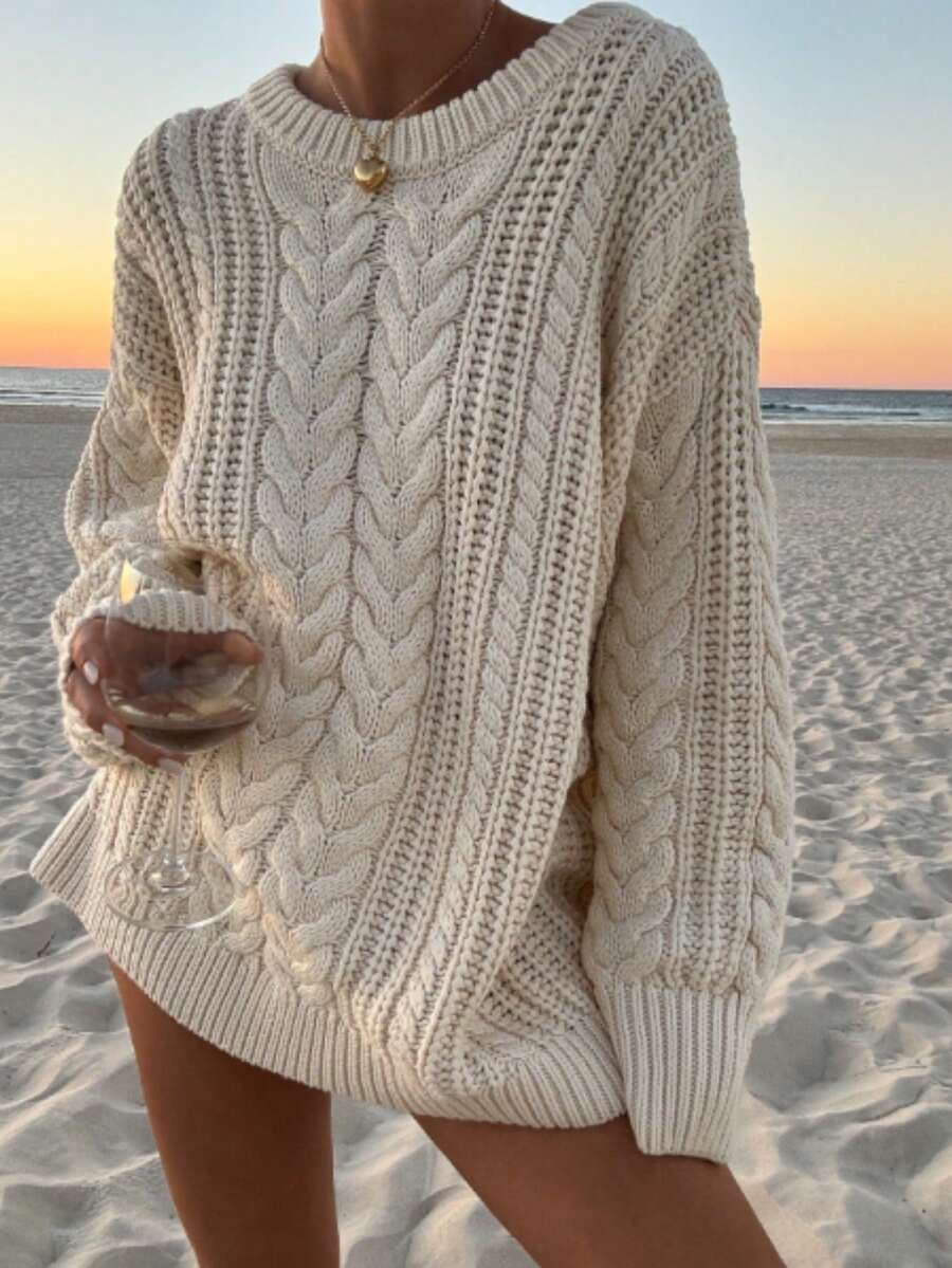 Front view of the Aria cable-knit sweater