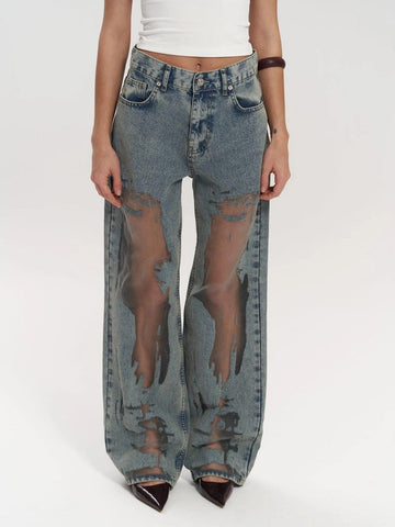 Front view of the Ayla Illusion sheer panel jeans