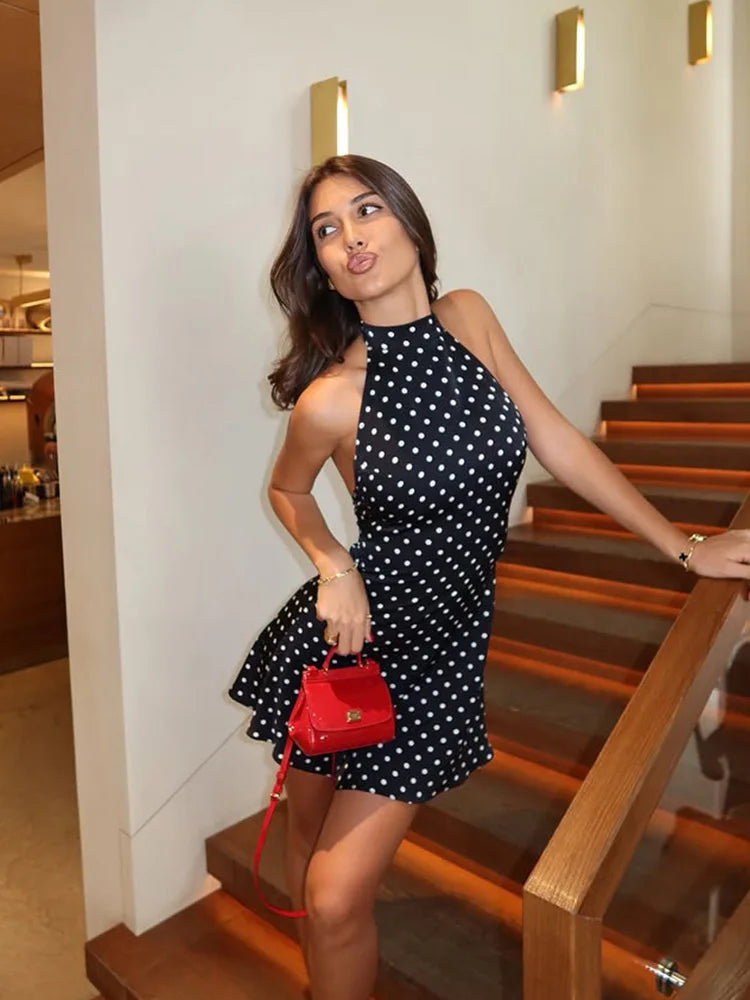 Celine polka dot mini dress shown on a model