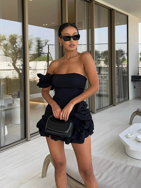 Front view of the Clara one-shoulder bustier mini dress