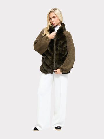 Faux fur trimmed knit jacket in olive, Ninna Brand jackets collection