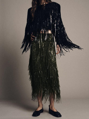 Front view of the Elara fringe midi skirt