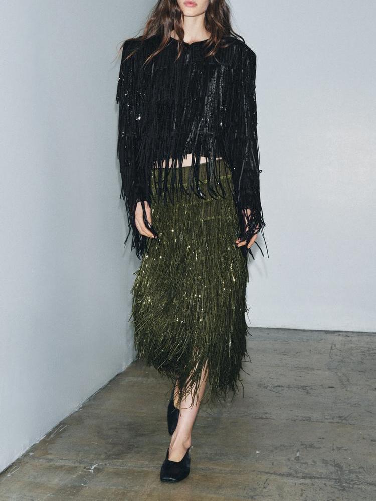 Elara fringe midi skirt shown on a model