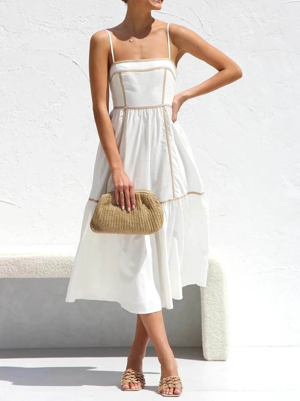 Front view of the Elena contrast trim midi dress