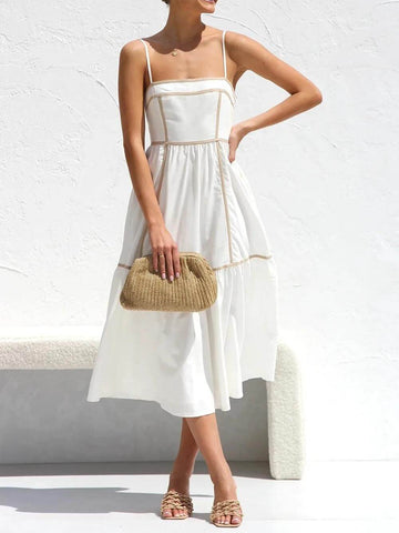 Front view of the Elena contrast trim midi dress