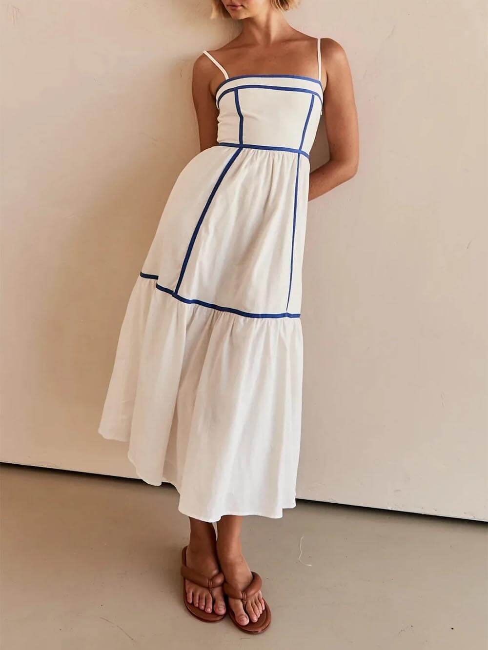 Back view of the Elena contrast trim midi dress