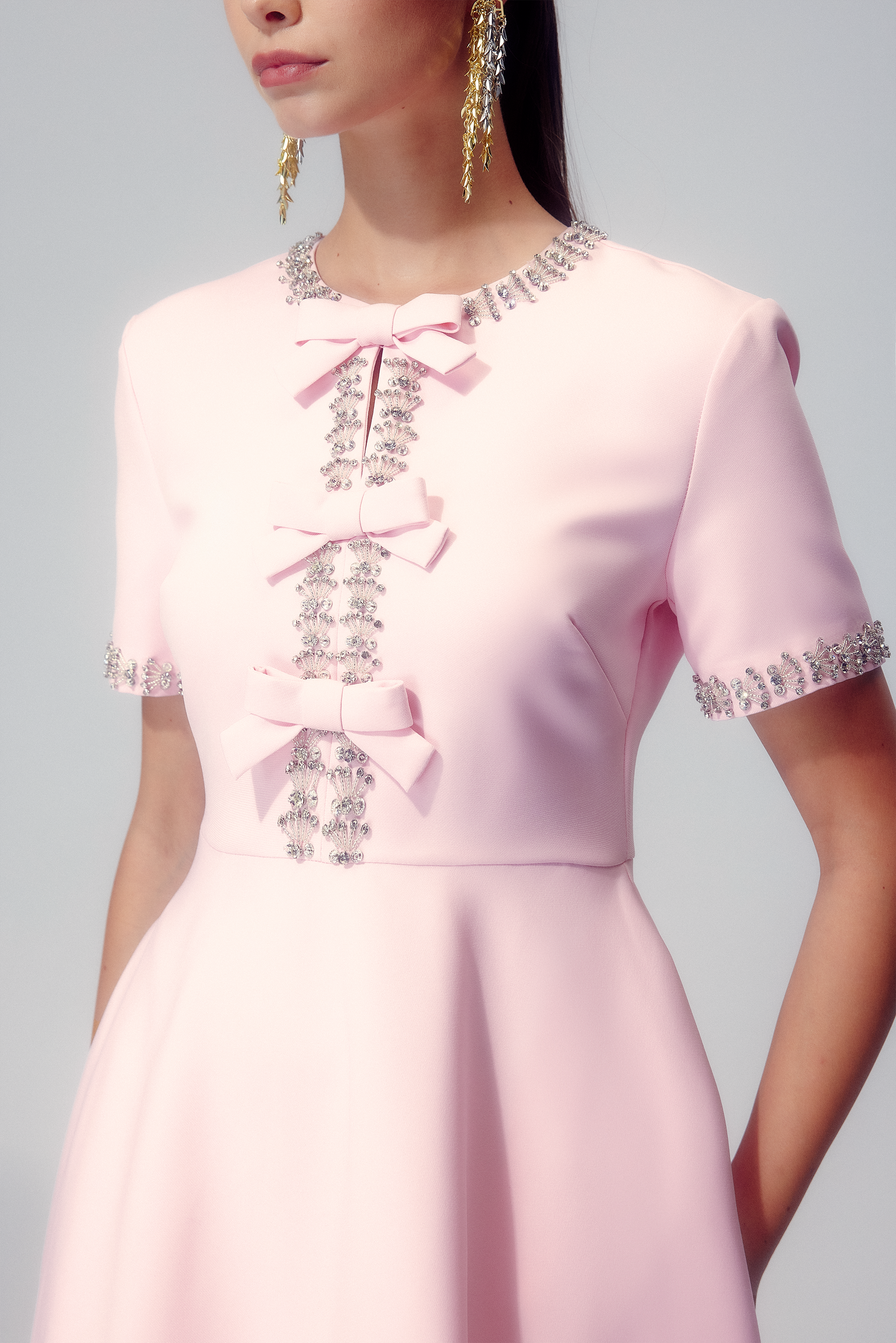 Crystal bow detail on the Elise midi dress