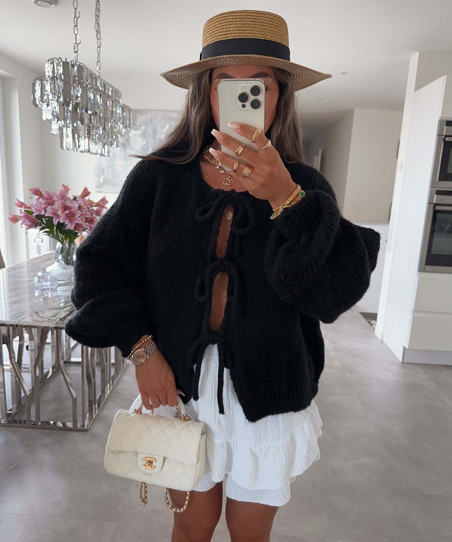 Front view of the Elodie lace-up cardigan