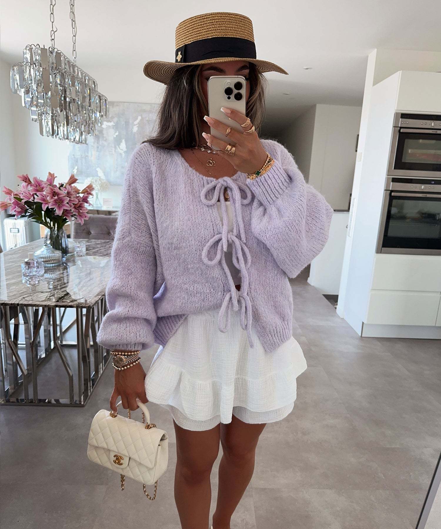 Dropped shoulder detail on the Elodie lace-up cardigan
