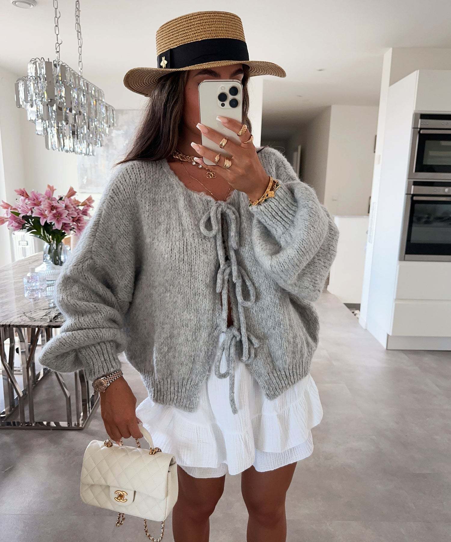 Elodie lace-up cardigan shown on a model