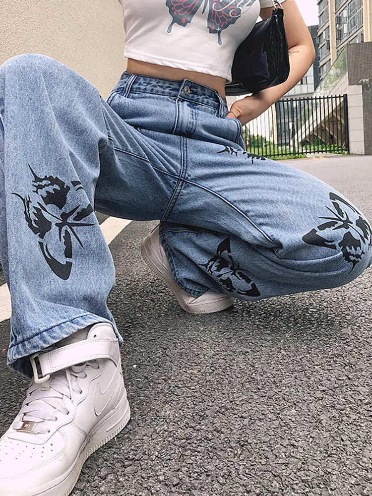 Close-up of the butterfly artwork on the Iris jeans