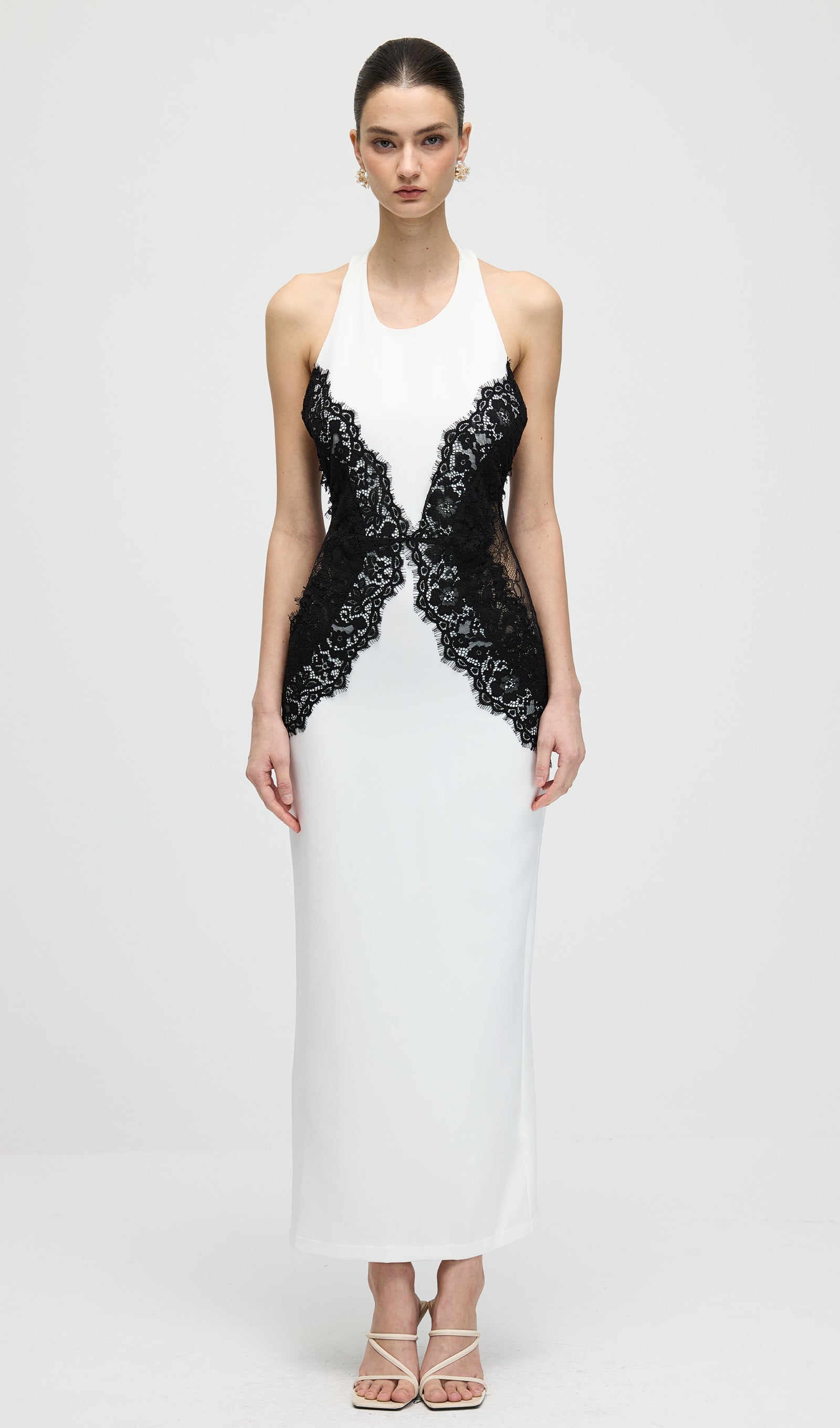 Front view of the Isadora lace midi dress