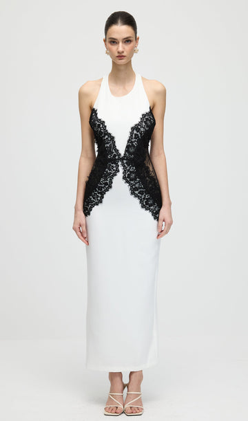 Front view of the Isadora lace midi dress