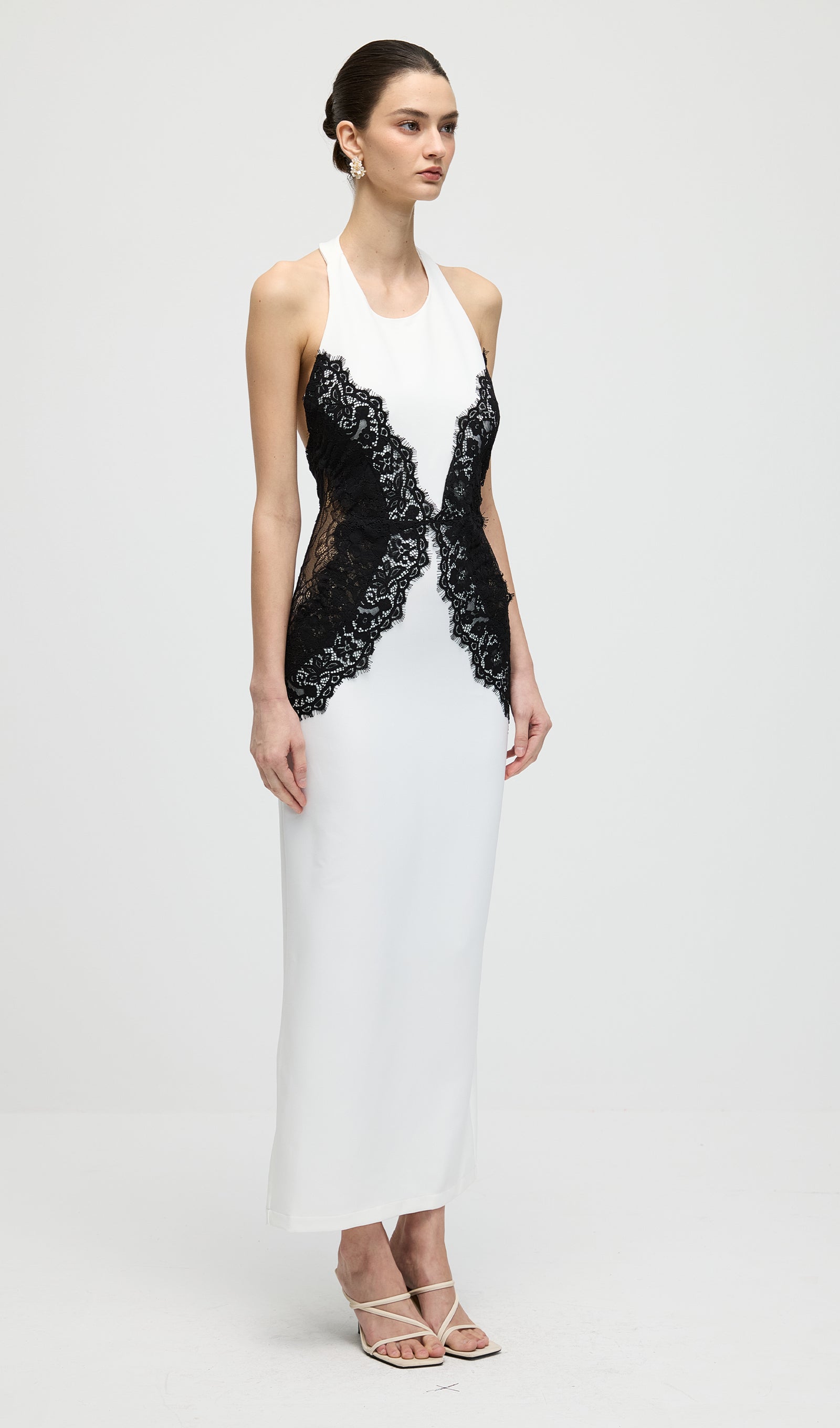 Black lace panel detail on the Isadora midi dress