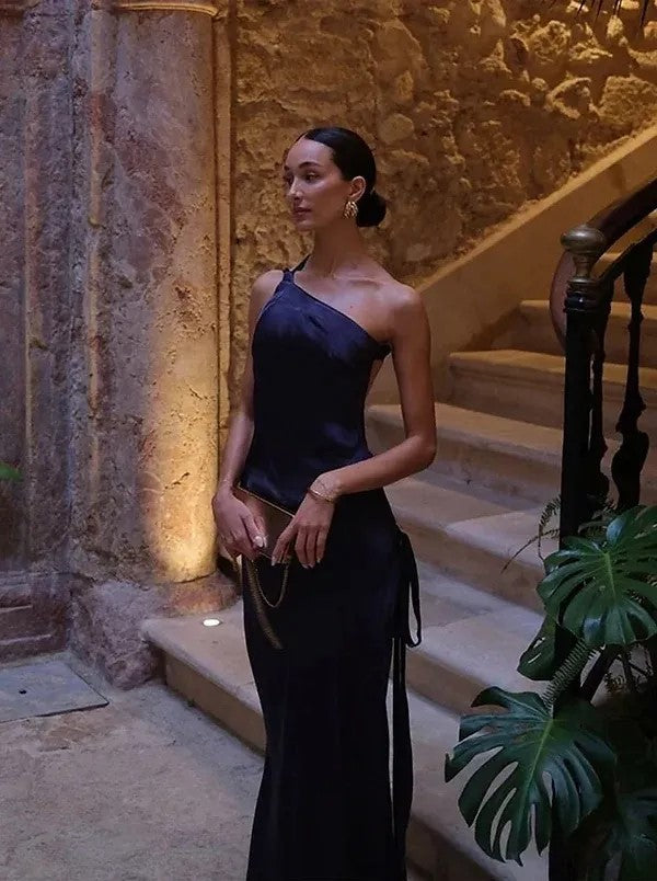 Katty satin maxi dress styled for an evening event