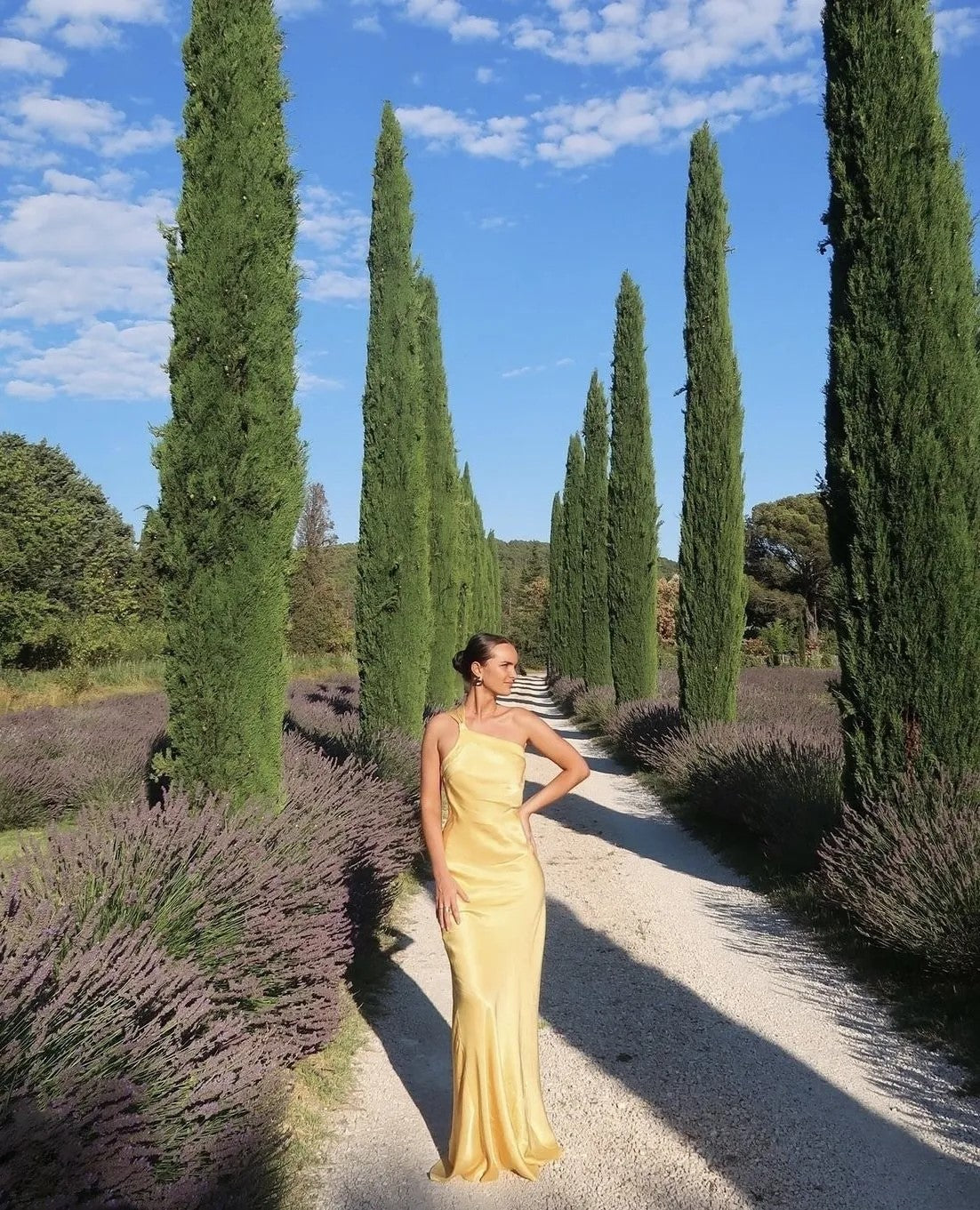 Side view of the Katty satin maxi dress