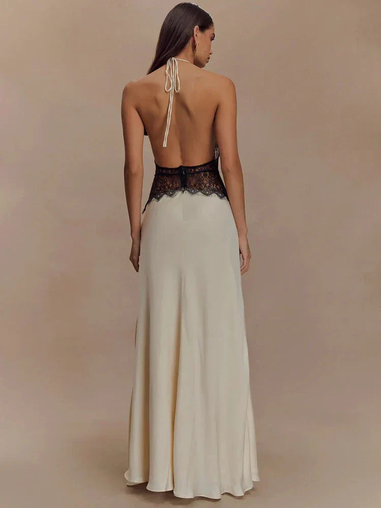 Lace panel detail at the waist of the Lucine maxi dress