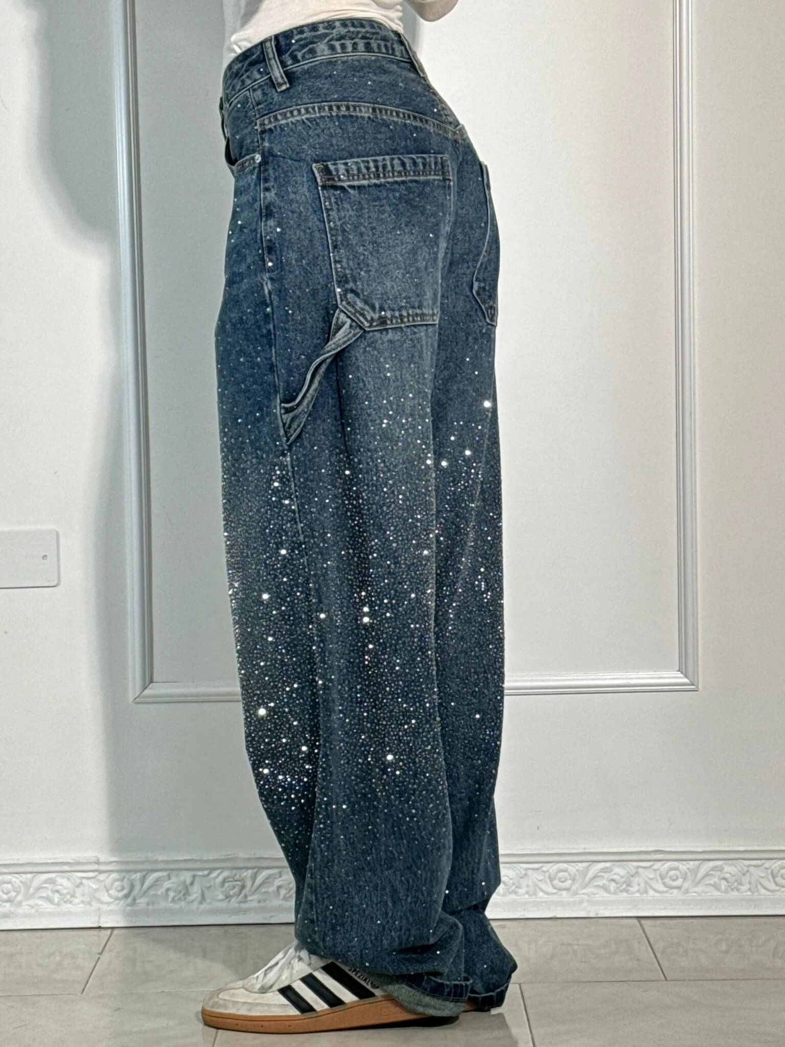Close-up of the micro-crystal detail on the Luna Shine jeans
