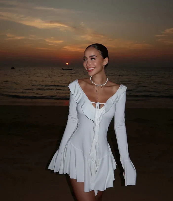 Front view of the Marisse ruffle mini dress