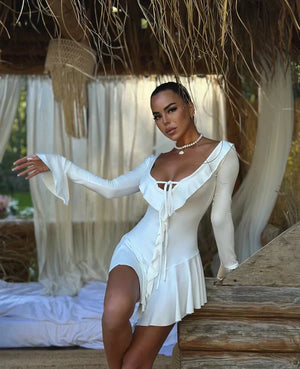 Marisse ruffle mini dress shown on a model