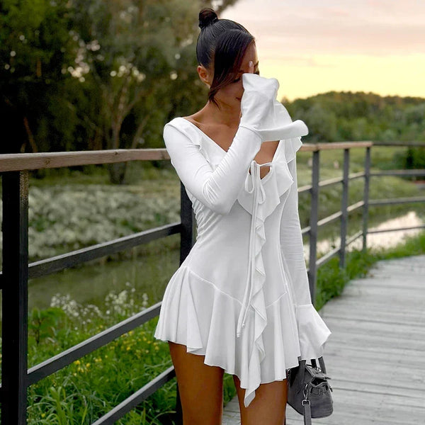 Front tie detail on the Marisse ruffle mini dress