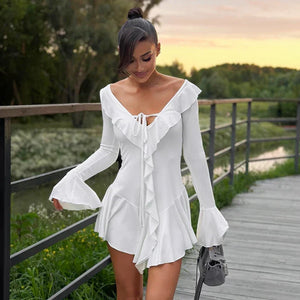 Back view of the Marisse ruffle mini dress