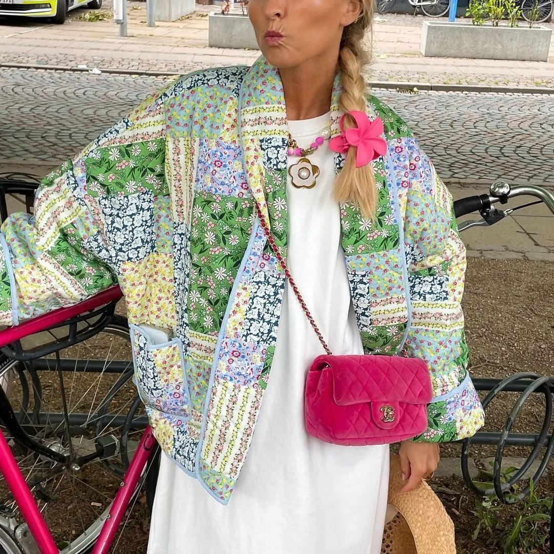 Front view of the Noelia floral patchwork quilted jacket