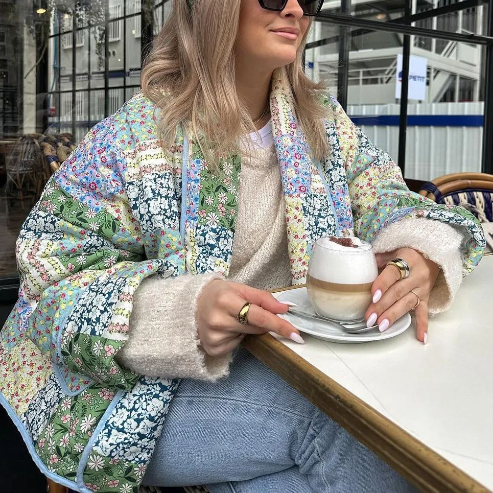 Noelia patchwork jacket worn with jeans