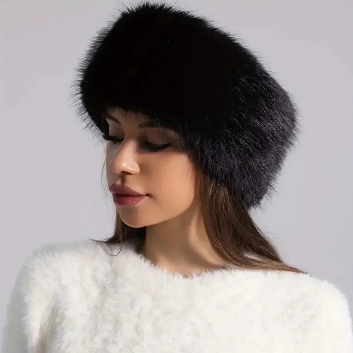 Side view of the Noelle faux fur hat