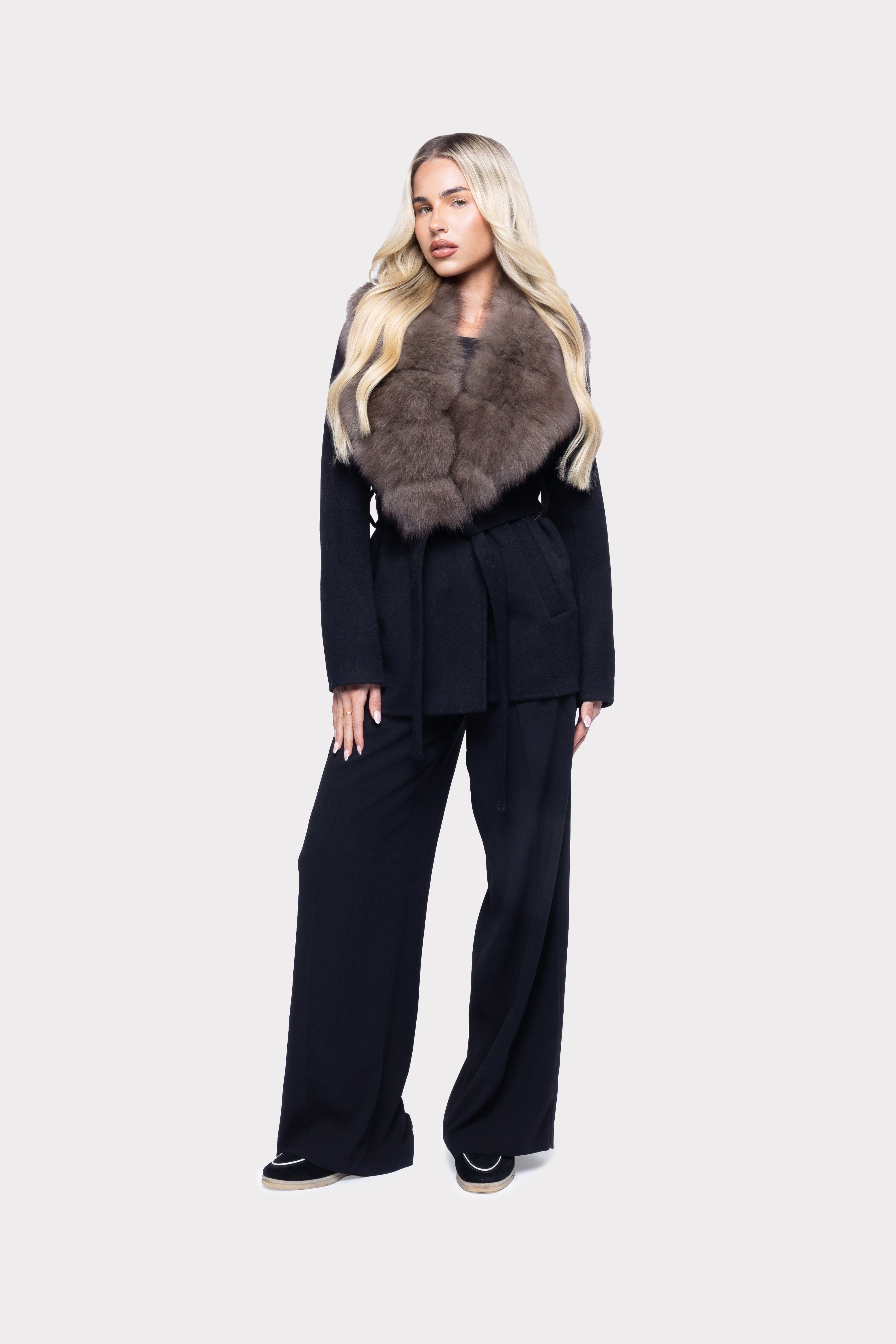Noir Luxe faux fur coat in black, front view